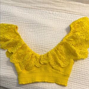 Alice + Olivia Yellow Lace Ruffle Crop Top